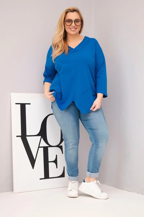 Bluzka damska bawełniana Plus Size z głębokim dekoltem V i asymetrycznym dołem chabrowa