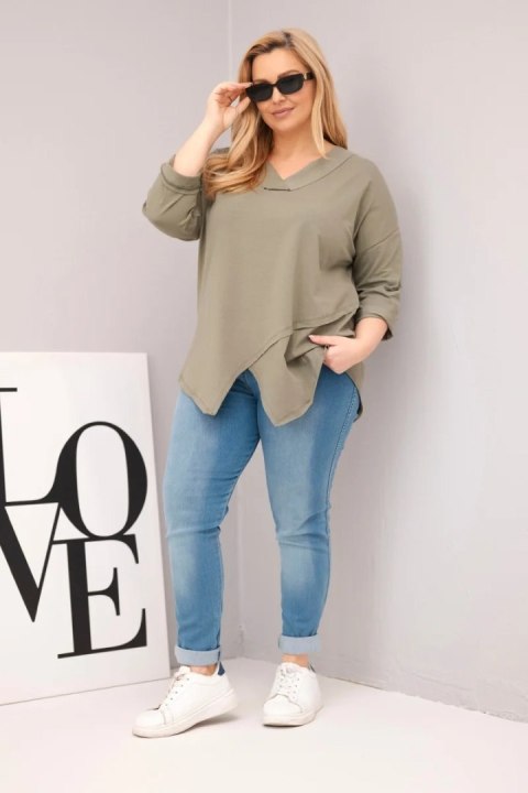 Bluzka damska bawełniana Plus Size z głębokim dekoltem V i asymetrycznym dołem khaki