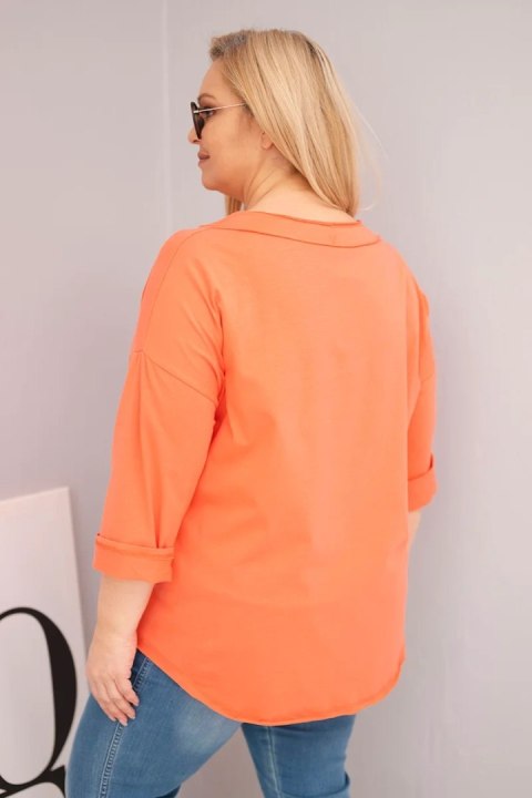 Bluzka damska bawełniana Plus Size z głębokim dekoltem V i asymetrycznym dołem morelowa