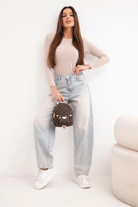 Bluzka damska z kaszmiru z okrągłym dekoltem i długim rękawem beżowa