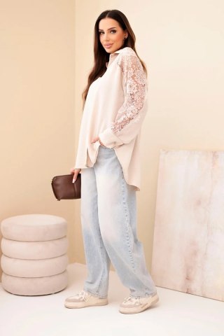 Koszula damska wiskozowa z koronkowymi rękawami i kołnierzykiem beżowa