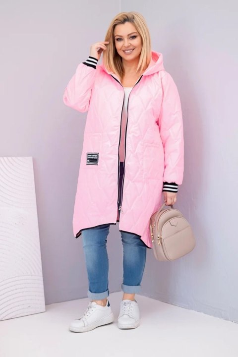 Kurtka damska Plus Size pikowana z kapturem i sportowymi mankietami cukierkowy róż