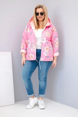 Kurtka damska wiosenna pikowana Plus Size z kapturem i kwiatowym wzorem jasno różowa