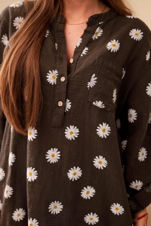 Lniana damska bluzka w kwiaty z długim rękawem i guzikami brązowa