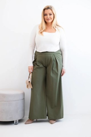 Spodnie damskie Plus Size z szerokimi nogawkami i plisowaniem khaki