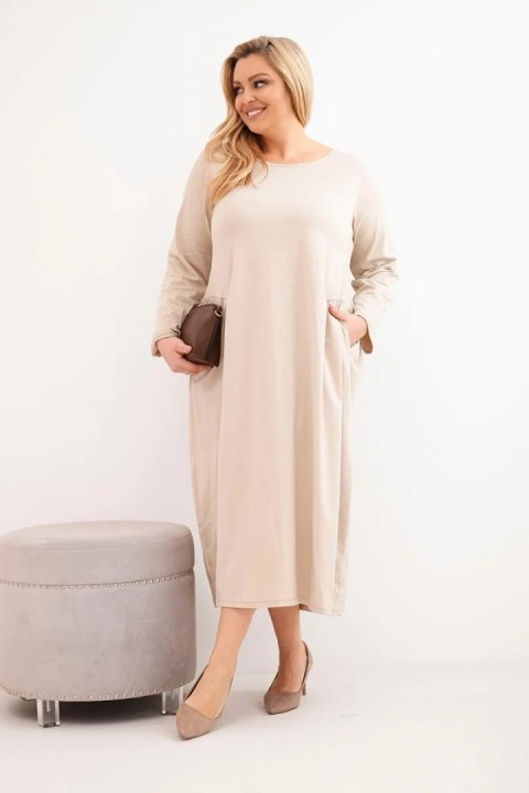 Sukienka damska Plus Size bawełniana z długim rękawem i marszczeniem w talii beżowa