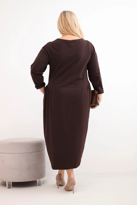 Sukienka damska Plus Size bawełniana z długim rękawem i marszczeniem w talii brązowa