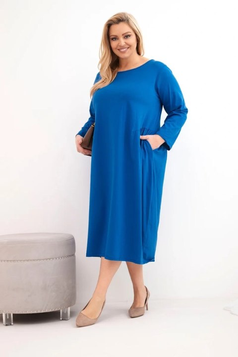 Sukienka damska Plus Size bawełniana z długim rękawem i marszczeniem w talii chabrowa