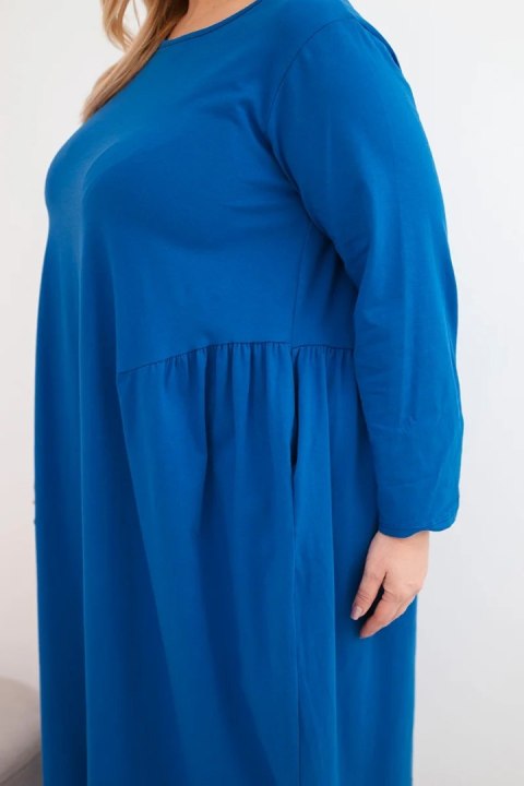 Sukienka damska Plus Size bawełniana z długim rękawem i marszczeniem w talii chabrowa