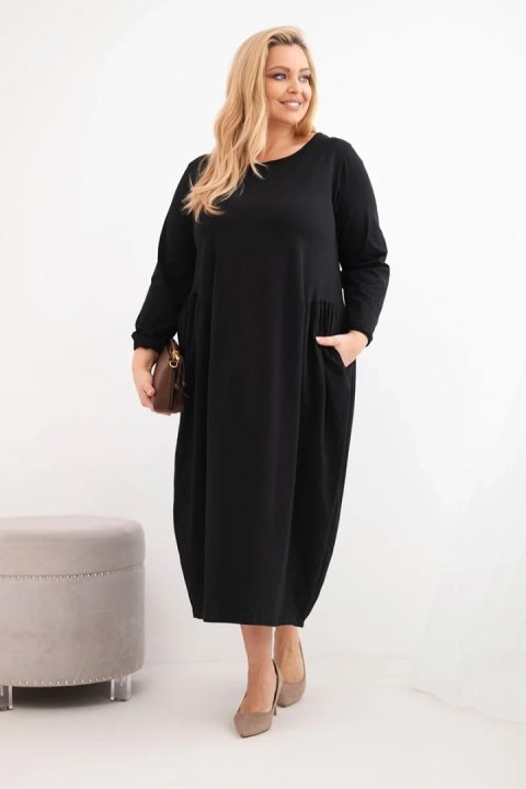 Sukienka damska Plus Size bawełniana z długim rękawem i marszczeniem w talii czarna