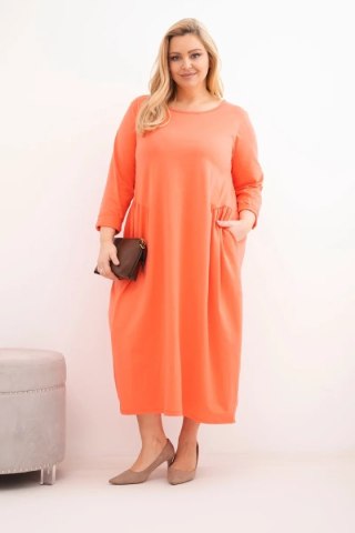 Sukienka damska Plus Size bawełniana z długim rękawem i marszczeniem w talii morelowa