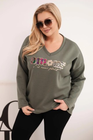 Bluza damska Plus Size z napisem i dekoltem V khaki