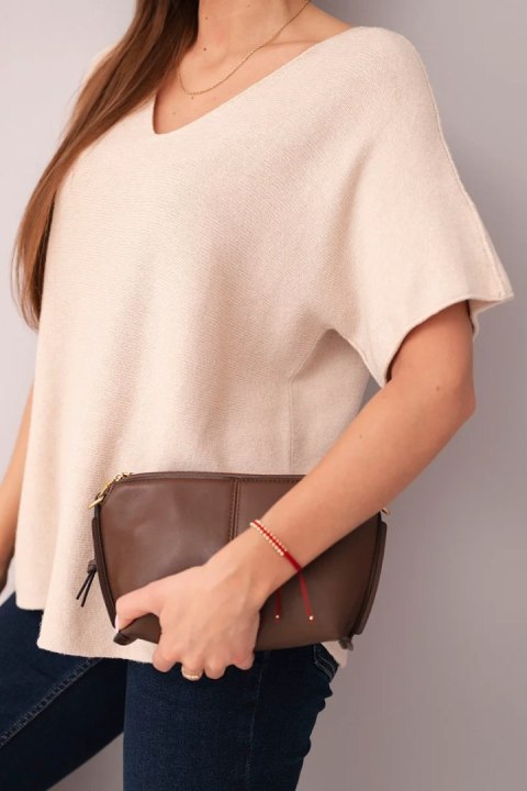 Bluzka damska sweterkowa z krótkim rękawem i dekoltem w serek beżowa