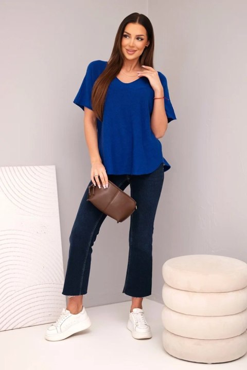 Bluzka damska sweterkowa z krótkim rękawem i dekoltem w serek chabrowa