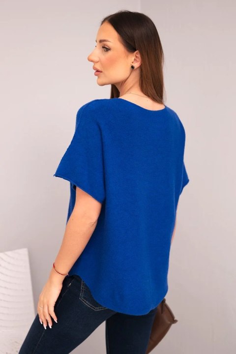 Bluzka damska sweterkowa z krótkim rękawem i dekoltem w serek chabrowa