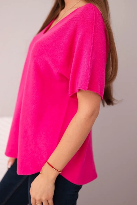 Bluzka damska sweterkowa z krótkim rękawem i dekoltem w serek fuksja