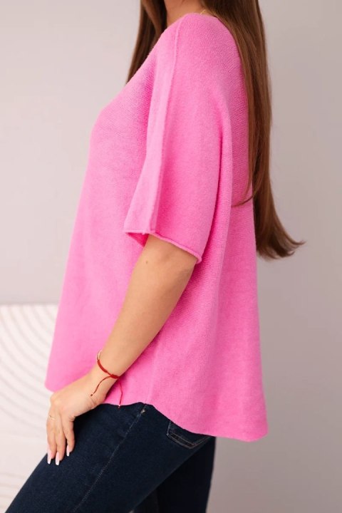 Bluzka damska sweterkowa z krótkim rękawem i dekoltem w serek jasno różowa