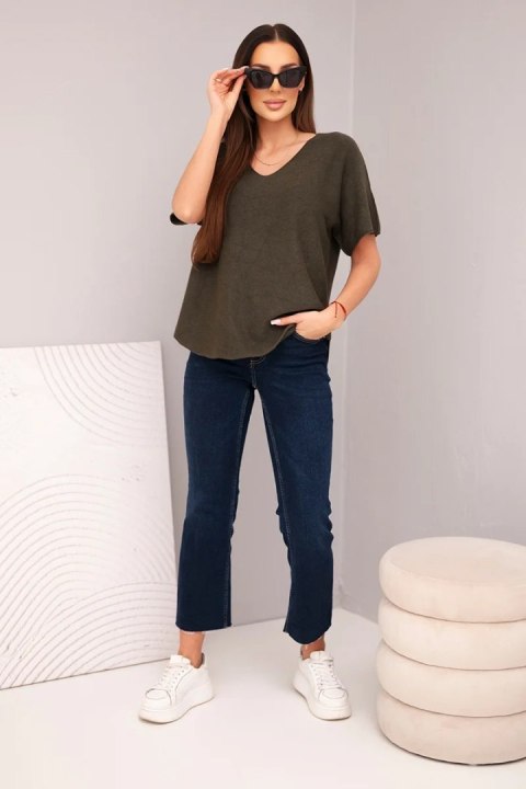 Bluzka damska sweterkowa z krótkim rękawem i dekoltem w serek khaki