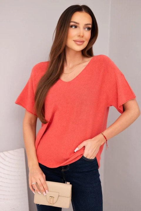 Bluzka damska sweterkowa z krótkim rękawem i dekoltem w serek malinowa