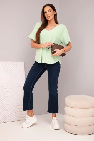 Bluzka damska sweterkowa z krótkim rękawem i dekoltem w serek miętowa