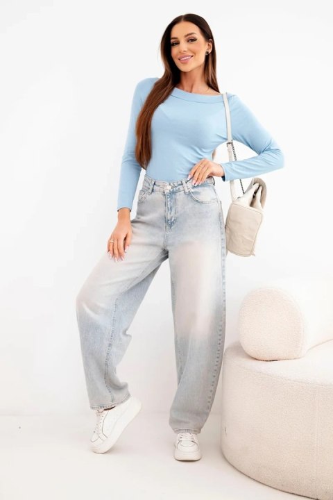 Bluzka damska wiskozowa z szerokim dekoltem i długim rękawem niebieska