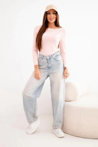 Bluzka damska wiskozowa z szerokim dekoltem i długim rękawem róż pudrowy