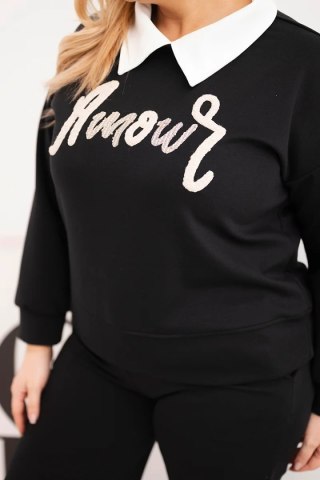Komplet damski masełko Plus Size z szerokimi nogawkami i kołnierzykiem czarny