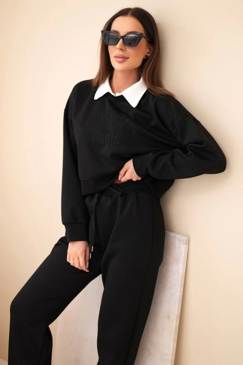 Komplet damski masełko bluza z kołnierzykiem i proste spodnie czarny