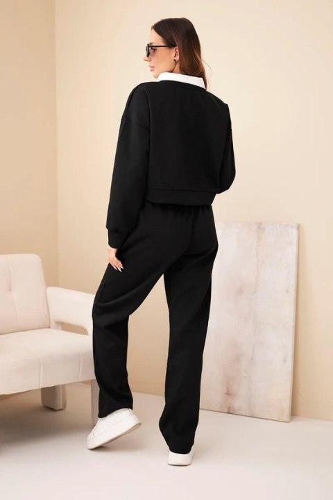 Komplet damski masełko bluza z kołnierzykiem i proste spodnie czarny