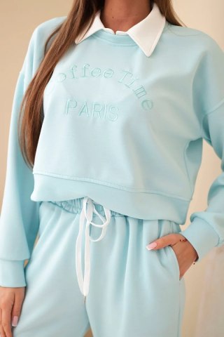 Komplet damski masełko bluza z kołnierzykiem i proste spodnie miętowy