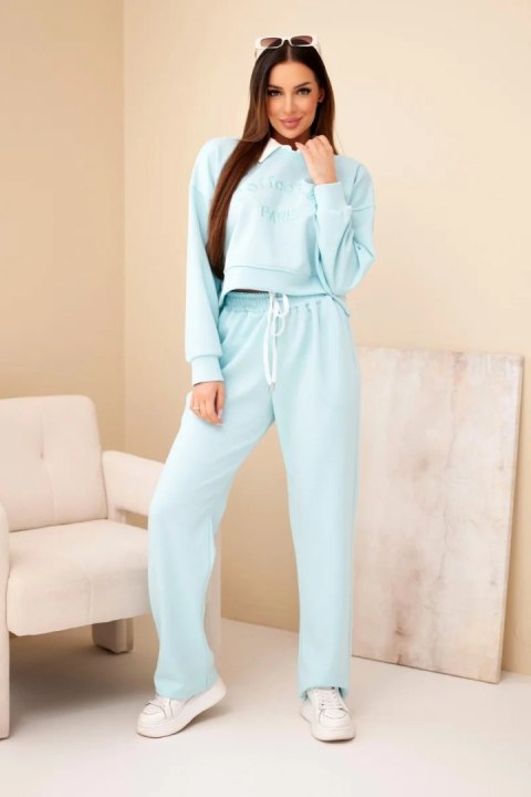 Komplet damski masełko bluza z kołnierzykiem i proste spodnie miętowy