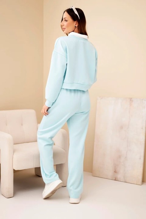 Komplet damski masełko bluza z kołnierzykiem i proste spodnie miętowy