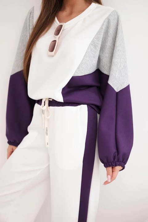 Komplet damski masełko z luźną bluzą i spodniami z szeroką nogawką ciemny fioletowy