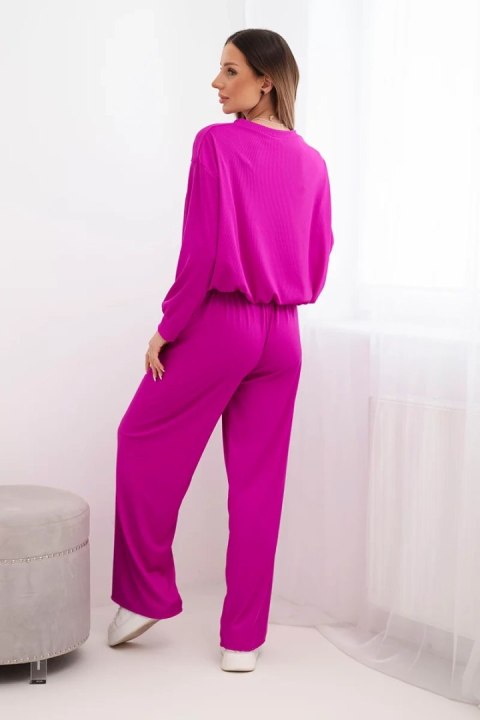 Komplet damski wiskozowy bluza z wisiorkiem i szerokie spodnie ciemno fioletowy
