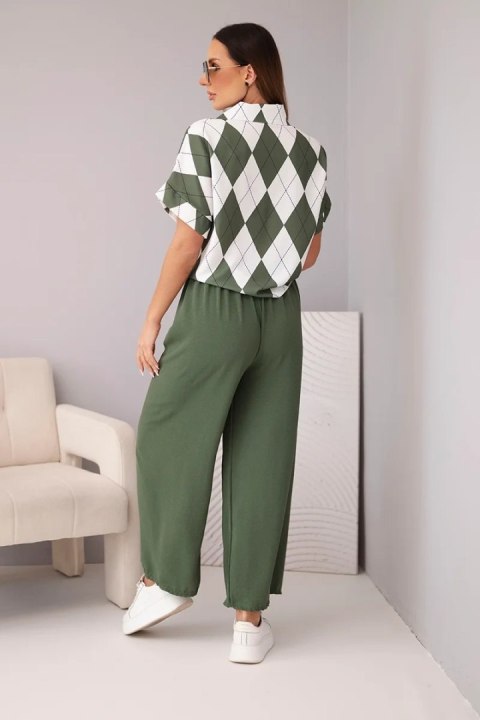 Komplet damski wiskozowy koszula z wiązaniem i spodnie z gumką khaki