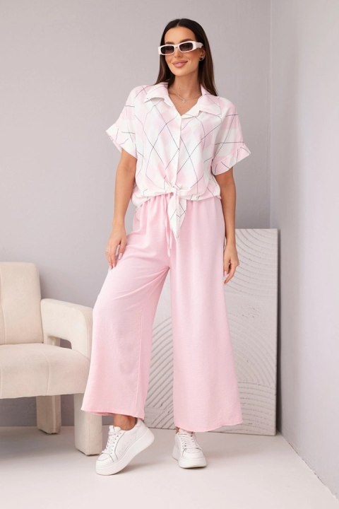 Komplet damski wiskozowy koszula z wiązaniem i spodnie z gumką pudrowy róż