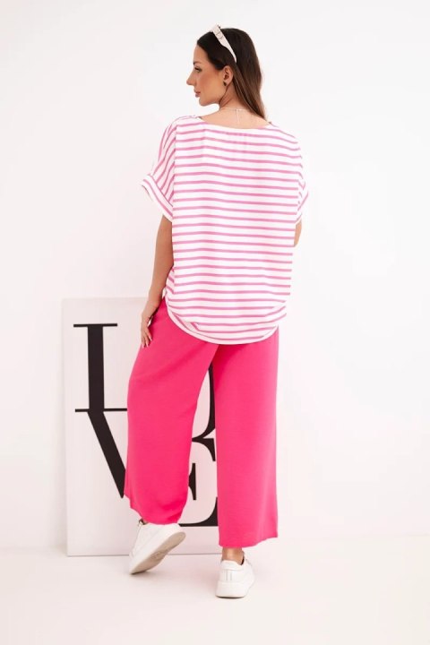 Komplet damski wiskozowy z bluzką w paski i szerokiemi spodniami z gumką fuksja