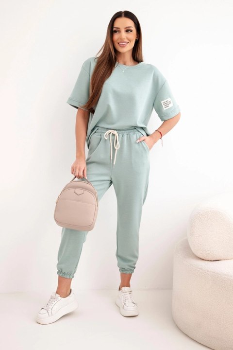 Komplet damski z wiskozy masełko z krótkim rękawem i spodniami ciemny miętowy