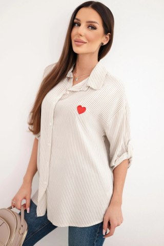 Koszula damska bawełniana w paski z haftowanym sercem ciemno beżowa