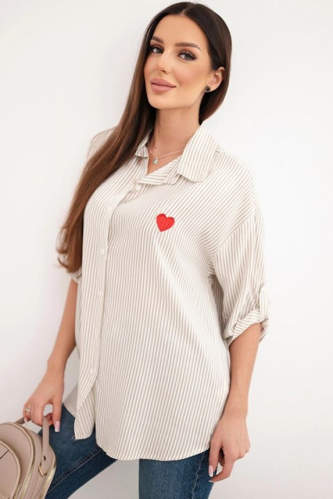 Koszula damska bawełniana w paski z haftowanym sercem ciemno beżowa