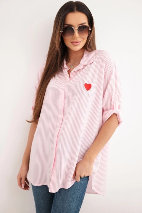 Koszula damska bawełniana w paski z haftowanym sercem cukierkowy róż