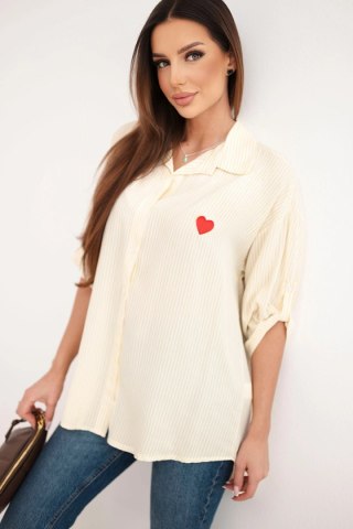 Koszula damska bawełniana w paski z haftowanym sercem żółta