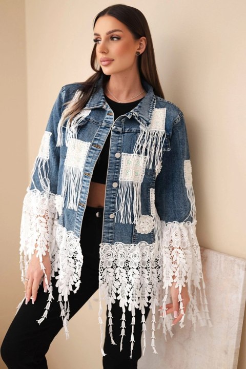 Kurtka jeansowa damska bawełniana z frędzlami i koronką w stylu boho ciemno jeansowa