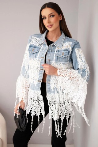 Kurtka jeansowa damska bawełniana z koronką i frędzlami jasno jeansowa