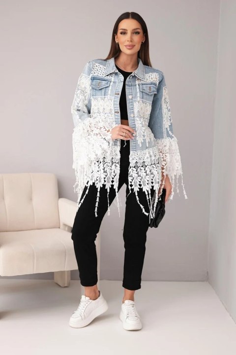 Kurtka jeansowa damska bawełniana z koronką i frędzlami jasno jeansowa