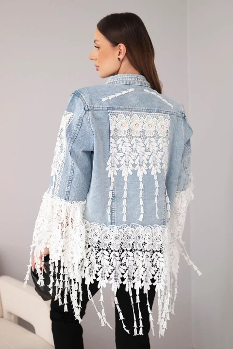 Kurtka jeansowa damska bawełniana z koronką i frędzlami jasno jeansowa