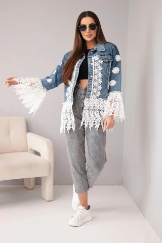 Kurtka jeansowa damska bawełniana z kwiatową koronką i frędzlami ciemno jeansowa