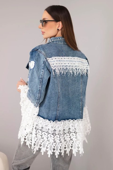 Kurtka jeansowa damska bawełniana z kwiatową koronką i frędzlami ciemno jeansowa
