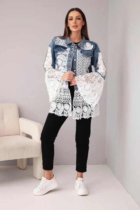 Kurtka jeansowa damska z bawełny i ażurową koronką ciemno jeansowa