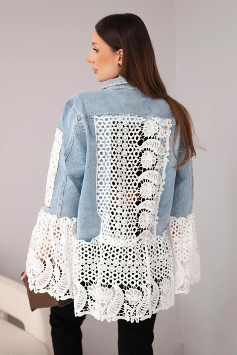 Kurtka jeansowa damska z bawełny i ażurową koronką jasno jeansowa